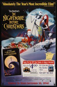 1j539 NIGHTMARE BEFORE CHRISTMAS video 1sh '93 Tim Burton, Disney, great different horror image!