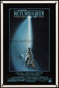 1j627 RETURN OF THE JEDI 1sh '83 George Lucas classic, great artwork of hands holding lightsaber!