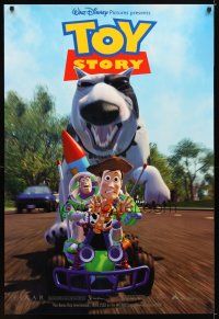 1j792 TOY STORY int'l 1sh '95 Disney & Pixar, Buzz & Woody race away from dog!