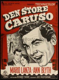 1k387 GREAT CARUSO Danish '55 huge close up headshot artwork of Mario Lanza, + Ann Blyth!