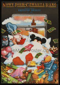 1k618 NEW YORK, 4 A.M. Polish 27x38 '88 Oblucki art of Donald Duck & unidentified mouse in bed!