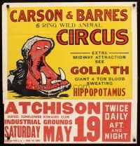 1m235 CARSON & BARNES 5 RING WILD ANIMAL CIRCUS circus poster '50s art of hippopotamus!