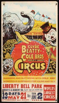 1m243 CLYDE BEATTY - COLE BROS WORLD'S LARGEST CIRCUS circus poster '60s art of clowns & elephant!