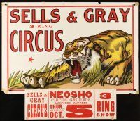 1m252 SELLS & GRAY 3 RING CIRCUS circus poster '60s art of prowling tiger!