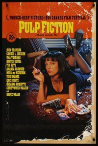 1m699 PULP FICTION commercial poster '94 Tarantino, close up of sexy Uma Thurman smoking in bed!