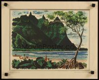 1m286 FRED LUDEKENS 13x16 art print '50s wonderful art of Haena Beach, Kauai, Hawaii!