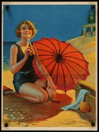1m287 GENE PRESSLER 15x20 art print '20s art of pretty woman in bathing suit on beach, Inviting!