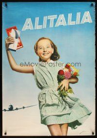 1m183 ALITALIA Italian travel poster '50s smiling girl with tickets w/aircraft in background!