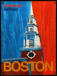 1m133 AMERICAN AIRLINES BOSTON travel poster '70s V.K. art of steeple at Boston Common church!
