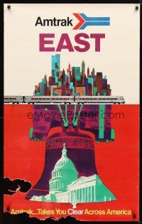 1m149 AMTRAK EAST travel poster '73 cool David Klein artwork of Capital, Liberty Bell & NYC!