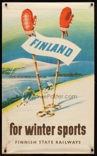 1m154 FINLAND FOR WINTER SPORTS Finnish travel poster '49 Oksanen art of skiers on slope!