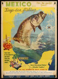 1m181 MEXICO DEEP SEA FISHING travel poster '50s great image of huge fish over map of Gulf!