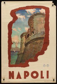 1m184 NAPOLI Italian travel poster '30s cool art of castle & Mount Vesuvius!