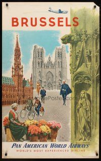 1m117 PAN AMERICAN WORLD AIRWAYS BRUSSELS travel poster '51 cool art of churches & street!