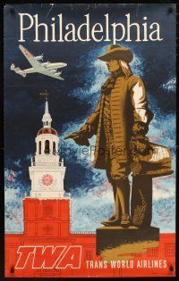 1m108 TWA PHILADELPHIA travel poster '50s Swanson art of William Penn & Independence Hall!