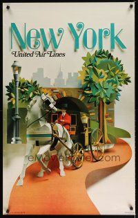 1m126 UNITED AIRLINES NEW YORK travel poster '71 cool paper sculpture of carriage in park!