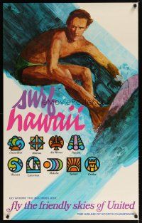 1m129 UNITED AIRLINES SURF HAWAII travel poster '60s fantastic surfing artwork by Otero!