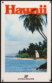 1m123 UNITED AIRLINES HAWAII travel poster '70s cool image of sailboat & beach!