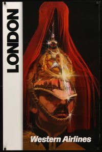 1m137 WESTERN AIRLINES LONDON travel poster '80s cool Bob Peak art of Queen's Guard!