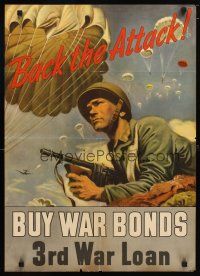 1m077 BACK THE ATTACK! 20x28 WWII war poster '43 Schreiber art of paratroopers over soldier w/gun!