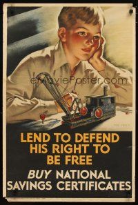 1m088 LEND TO DEFEND HIS RIGHT TO BE FREE 20x30 English WWII war poster '40s Purvis art of boy!
