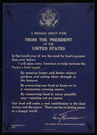 1m089 MESSAGE ABOUT FOOD 18x26 WWII war poster '45 from the President of the United States!