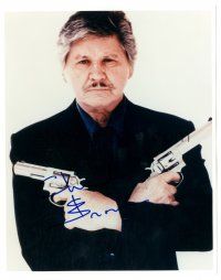 1r0881 CHARLES BRONSON signed color 8x10 REPRO still '80s cool close-up portrait with two guns!