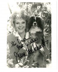 1r1046 JUNE LOCKHART signed 8x10 REPRO still '90s cool close up portrait smiling & holding her dog!