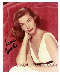1r1075 LAUREN BACALL signed color 8x10 REPRO still '80s close up portrait on couch in sexy dress!