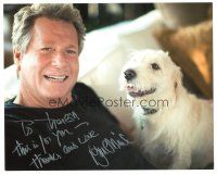 1r1229 RYAN O'NEAL signed color 8x10 REPRO still '80s great close up smiling portrait with his dog!