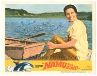 1r0176 NAMU THE KILLER WHALE signed LC #2 '66 by Lee Meriwether, who's smiling & sitting by lake!