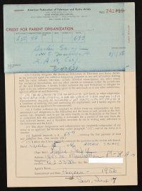 1r0068 ARCHIE SAVAGE signed contract '56 joining American Federation of Television & Radio Artists!