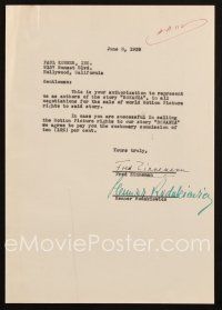 1r0097 FRED ZINNEMANN signed letter '39 selling movie rights to the story Bonanza that he co-wrote!