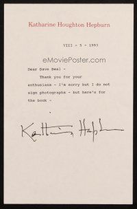 1r0109 KATHARINE HEPBURN signed letter '93 she apologized for not signing a photograph!