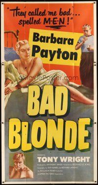 1s493 BAD BLONDE 3sh '53 classic sexy bad girl image, they called me bad...spelled M-E-N!