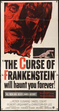 1s551 CURSE OF FRANKENSTEIN 3sh '57 Peter Cushing, cool close up monster artwork!