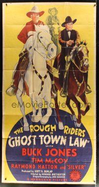 1s585 GHOST TOWN LAW 3sh '42 art of Rough Riders Buck Jones, Tim McCoy & Hatton, super rare title!
