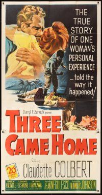 1s749 THREE CAME HOME 3sh '49 artwork of Claudette Colbert & prison women without their men!