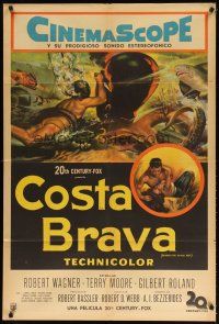 1s121 BENEATH THE 12-MILE REEF Argentinean '53 cool art of scuba divers fighting octopus & shark!