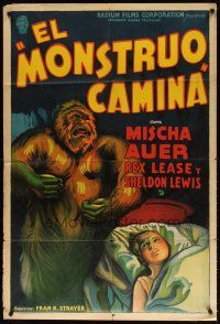 1s199 MONSTER WALKS Argentinean '32 stone litho of menacing gorilla standing over girl in bed!