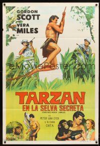 1s228 TARZAN'S HIDDEN JUNGLE Argentinean '55 artwork of Gordon Scott as Tarzan swinging on vine!