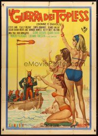 1s451 TOPLESS WAR red title Italian 1p '64 art of sexy girls in bikinis waving at devils in boat!