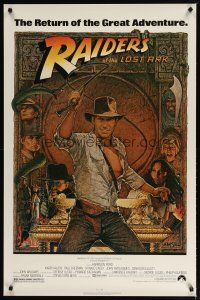 1t591 RAIDERS OF THE LOST ARK 1sh R80s great art of adventurer Harrison Ford by Richard Amsel!