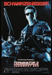 1t739 TERMINATOR 2 DS 1sh '91 James Cameron, Arnold Schwarzenegger on motorcycle w/shotgun!