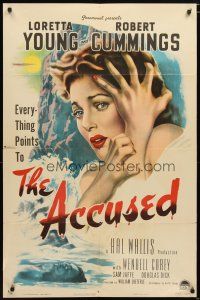 1w027 ACCUSED style A 1sh '49 great super close art of terrified sexy Loretta Young & dead body!