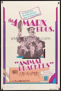 1w052 ANIMAL CRACKERS 1sh R74 wacky artwork of all four Marx Brothers!