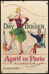 1w057 APRIL IN PARIS 1sh '53 pretty Doris Day and wacky Ray Bolger in France!