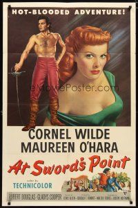 1w062 AT SWORD'S POINT 1sh '52 full-length Cornel Wilde, super close up of sexy Maureen O'Hara!