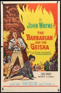 1w083 BARBARIAN & THE GEISHA 1sh '58 John Huston, art of John Wayne with torch & Eiko Ando!