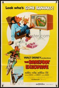 1w084 BAREFOOT EXECUTIVE 1sh '71 Disney, art of Kurt Russell & wacky chimp gone bananas!